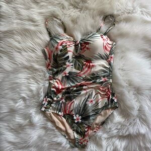 Tropical Floral Tie-Front Flattering One Piece Swimsuit - Large Vacation Ready